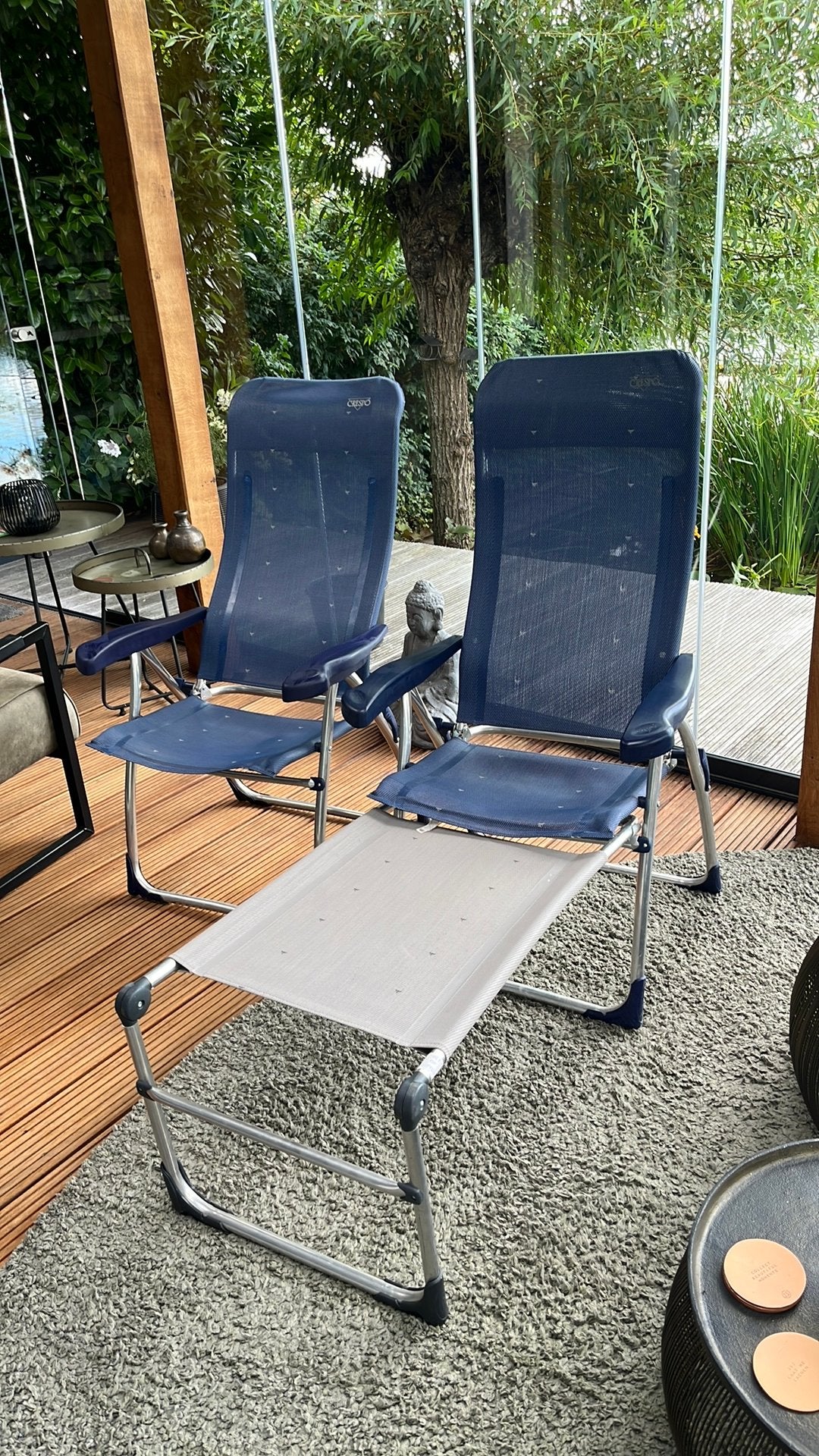 2 Crespo stoelen + 1 voetensteun, Ophalen, Gebruikt, Campingstoel