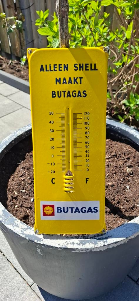 Vintage Shell Butagas Buitenthermometer, Verzamelen, Ophalen of Verzenden, Gebruikt, Reclamebord
