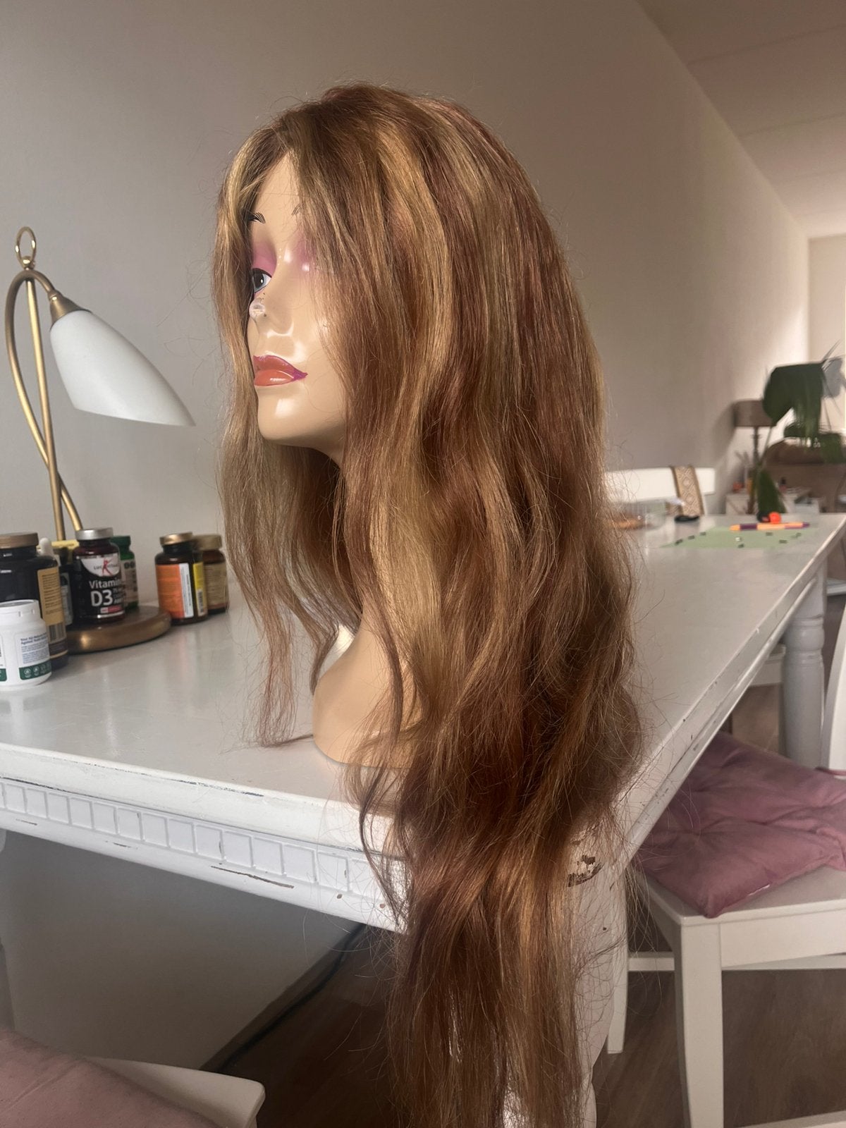 New Lace wig warm red with highlights, 100% real hair, 90 cm, Ophalen of Verzenden, Zo goed als nieuw, Pruik of Haarverlenging