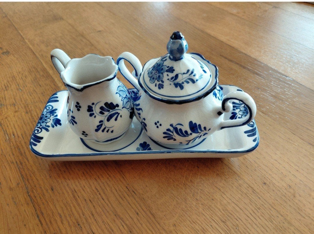 Delfts blauw roomstelletje, Ophalen of Verzenden, Zo goed als nieuw, Glas, Overige stijlen