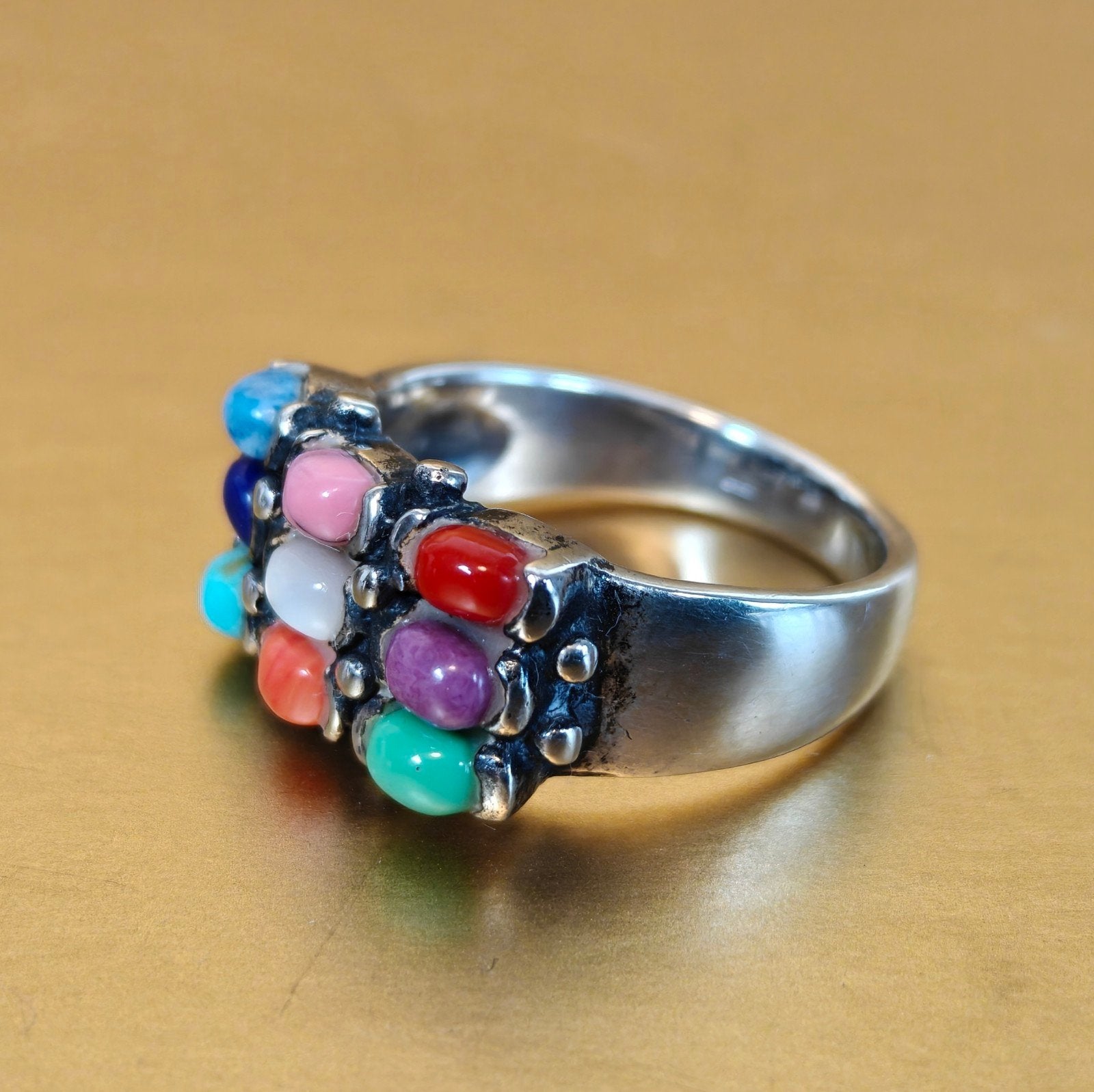 Sterling zilveren ring met met kleurige stenen. Boho, Ibiza, Sieraden, Tassen en Uiterlijk, Ringen, Ophalen of Verzenden, Zo goed als nieuw