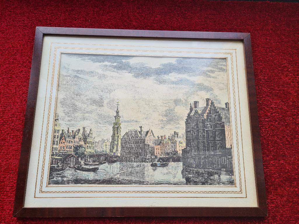 Prent Amsterdam, binnen amstel - Munttoren, Gebruikt, Ophalen of Verzenden, Gebouw, Voor 1940