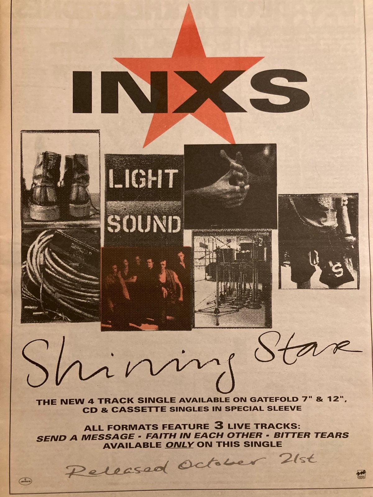 Paginagrote A3 advertentie INXS Shining Star release, Ophalen of Verzenden, A1 t/m A3