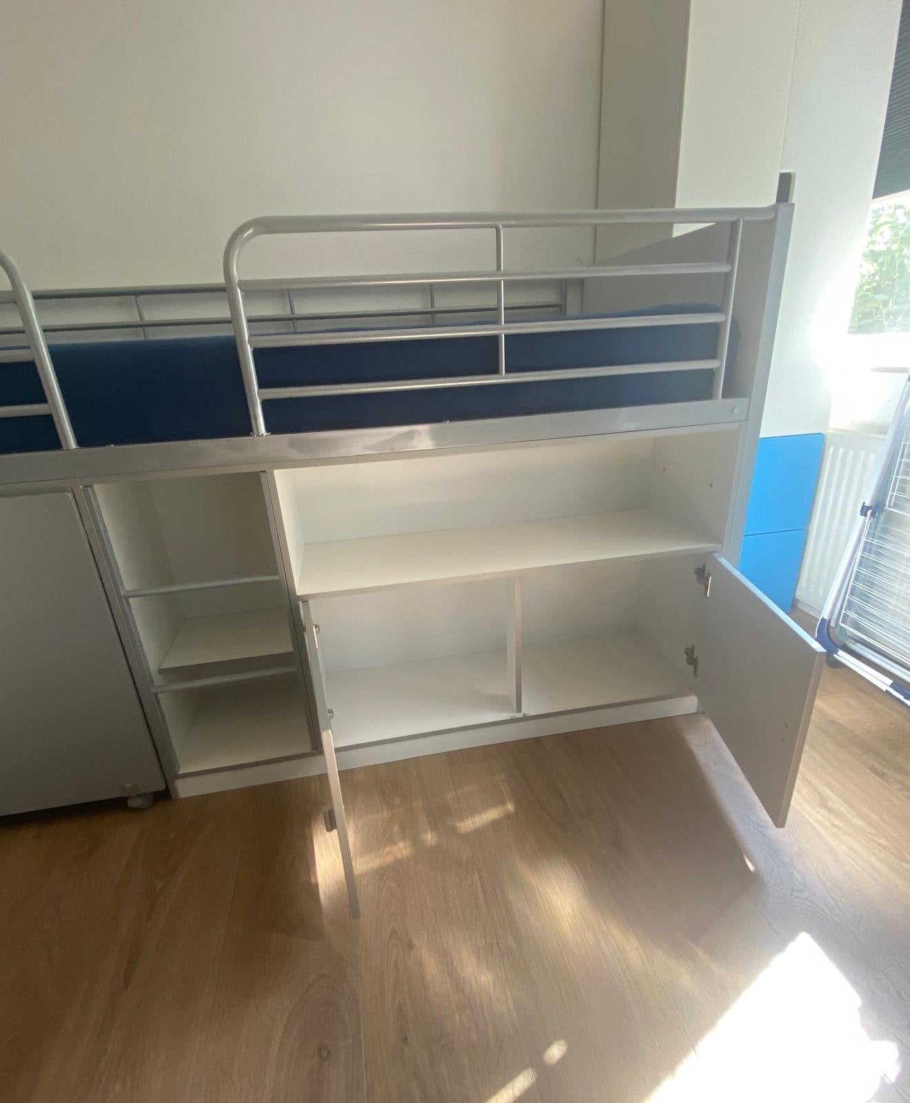 Halfhoogslaper 90x200 cm met bureau en opbergruimte, Ophalen, 85 tot 100 cm, Gebruikt, Hoogslaper of Stapelbed