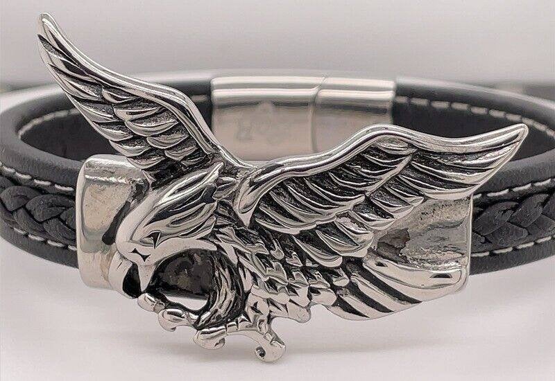 Nieuwe zwart leren Heren armband met RVS Adelaar, Met bedels of kralen, Verzenden, Zwart, Nieuw