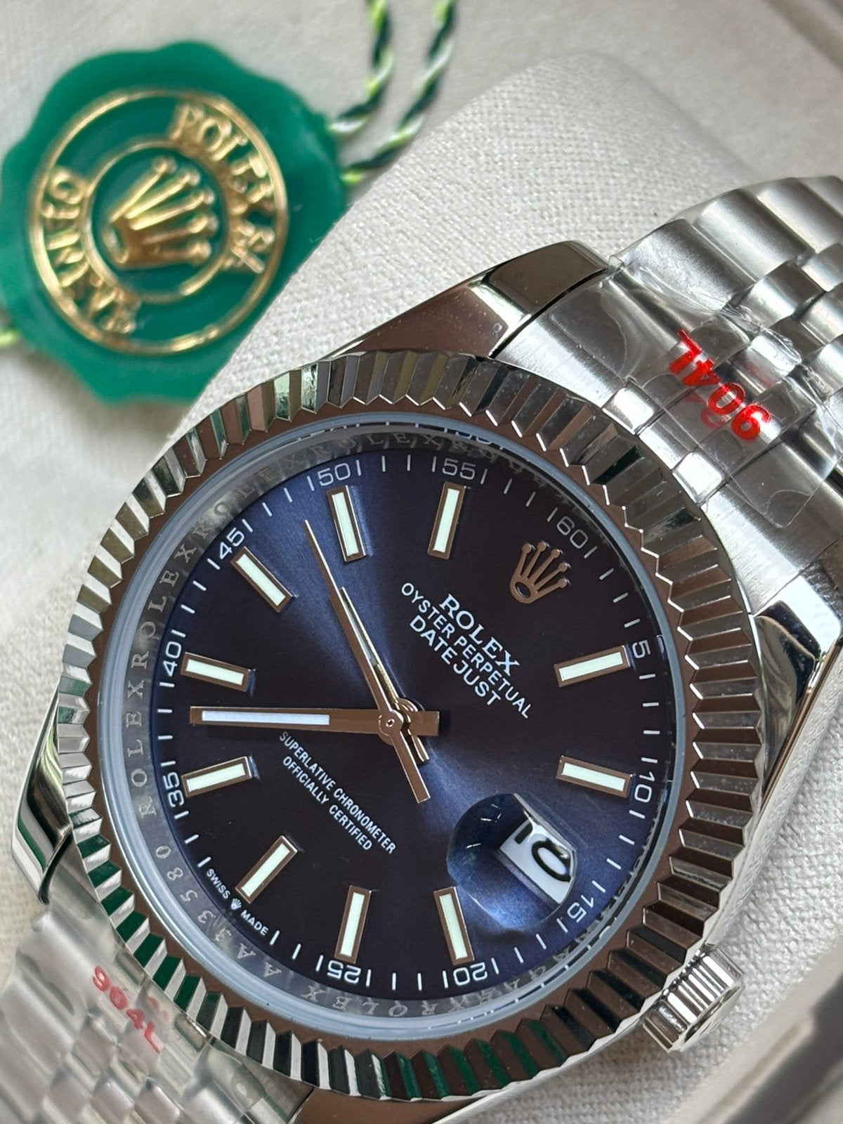 Rolex date just “Blue Dial”, Staal, Polshorloge, Nieuw, Ophalen of Verzenden