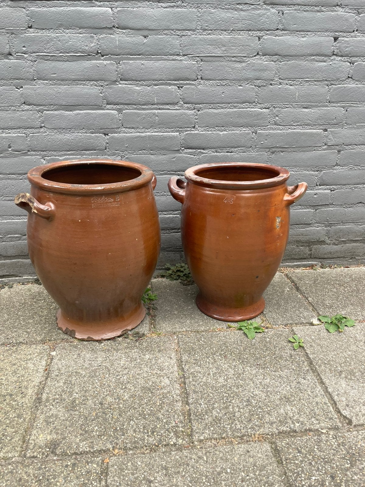 Set 2 antieke grespotten / Keulse potten (Belga – 40 cm), Ophalen, Zo goed als nieuw, Rond, Minder dan 40 cm