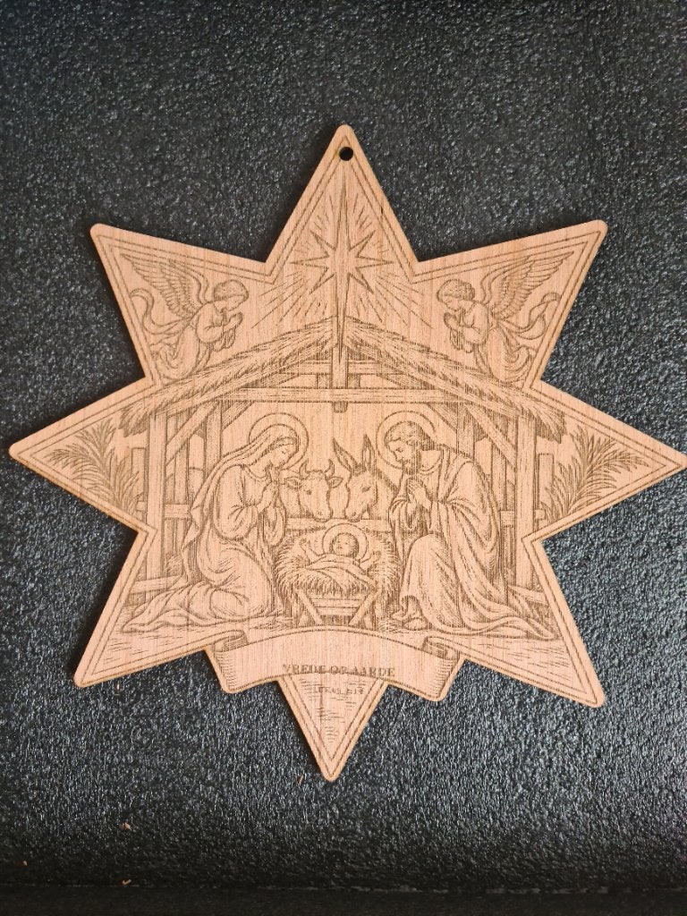 Houten kerstster met kerststal - Bethlehem - handgemaakt, Huis en Inrichting, 25 cm, Bruin, Overige stijlen, Hout