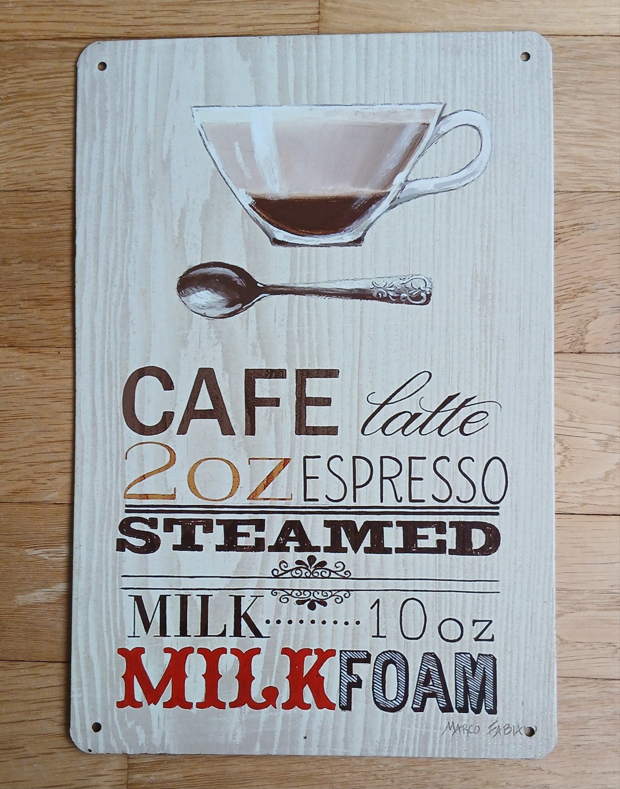 Blikken Reklame Bord Cafe Latte Marco Fabiano, 20 cm, Ophalen of Verzenden, Zo goed als nieuw, 30 cm