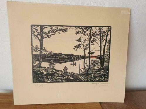 2x Henry A Olsson'. Houtsnede Zweden "Skogstjärn". 1937, Ophalen