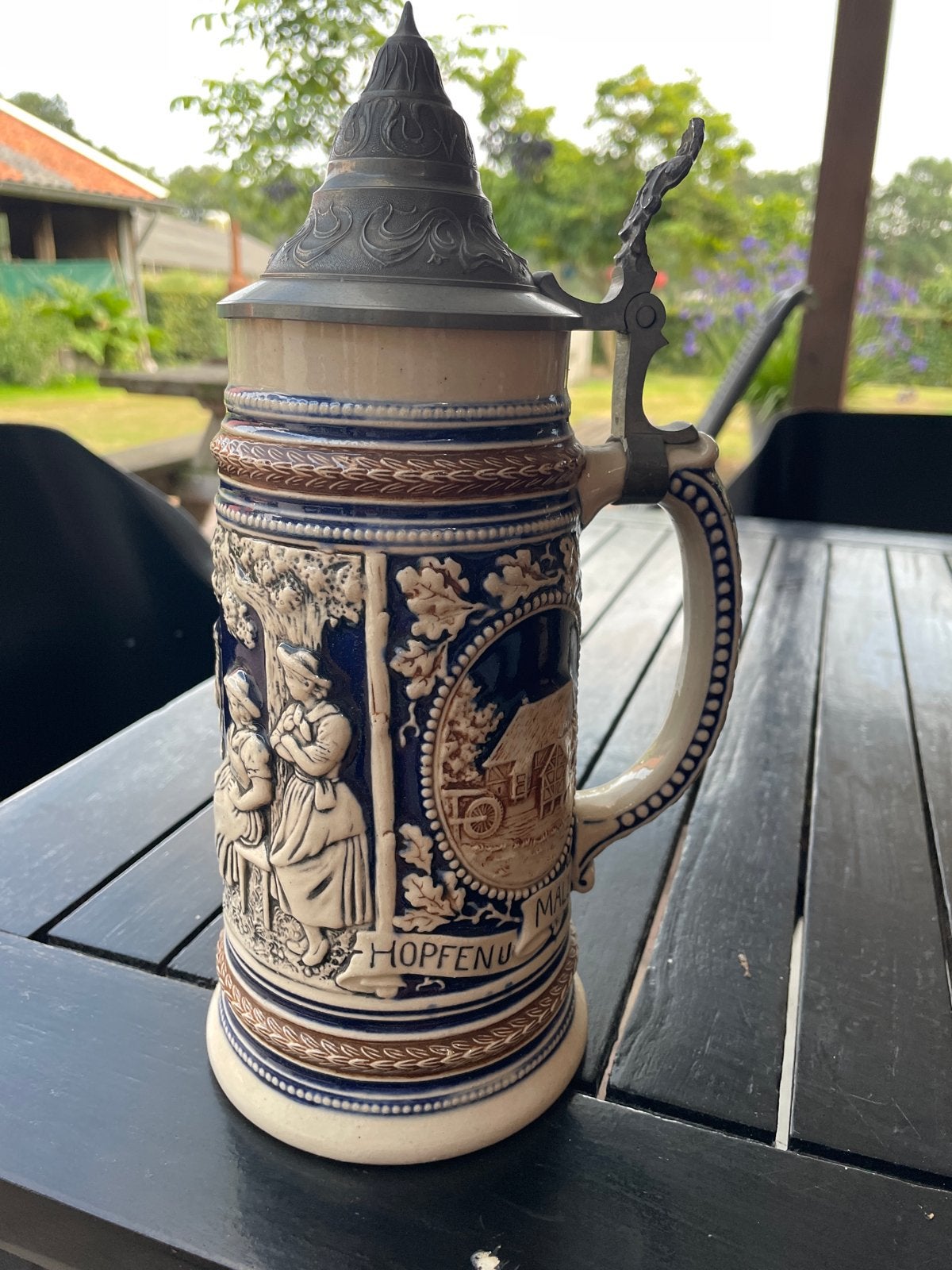 Vintage Duitse Bierpul met Tin Deksel - Scènes en Hopfen, Antiek en Kunst, Antiek | Keramiek en Aardewerk, Ophalen of Verzenden