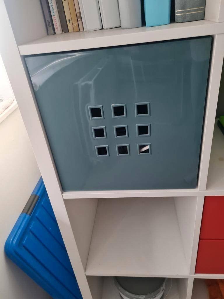 3 Kallax - lekmanbak kleur grey-petrol, opruimen spulletjes!, Ophalen, Gebruikt, Minder dan 150 cm, Minder dan 100 cm