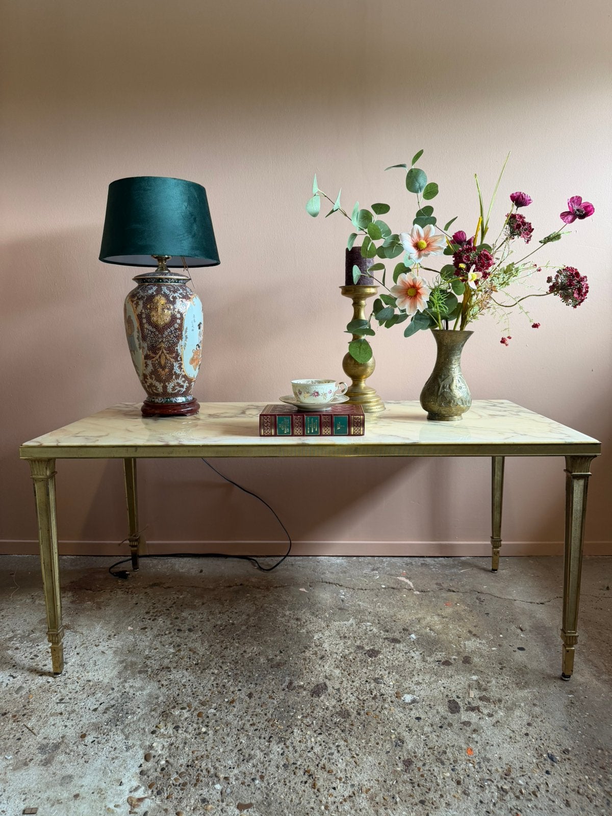 Vintage Marmeren Salontafel met Messing Frame, Ophalen, Gebruikt, 100 tot 150 cm, Overige materialen