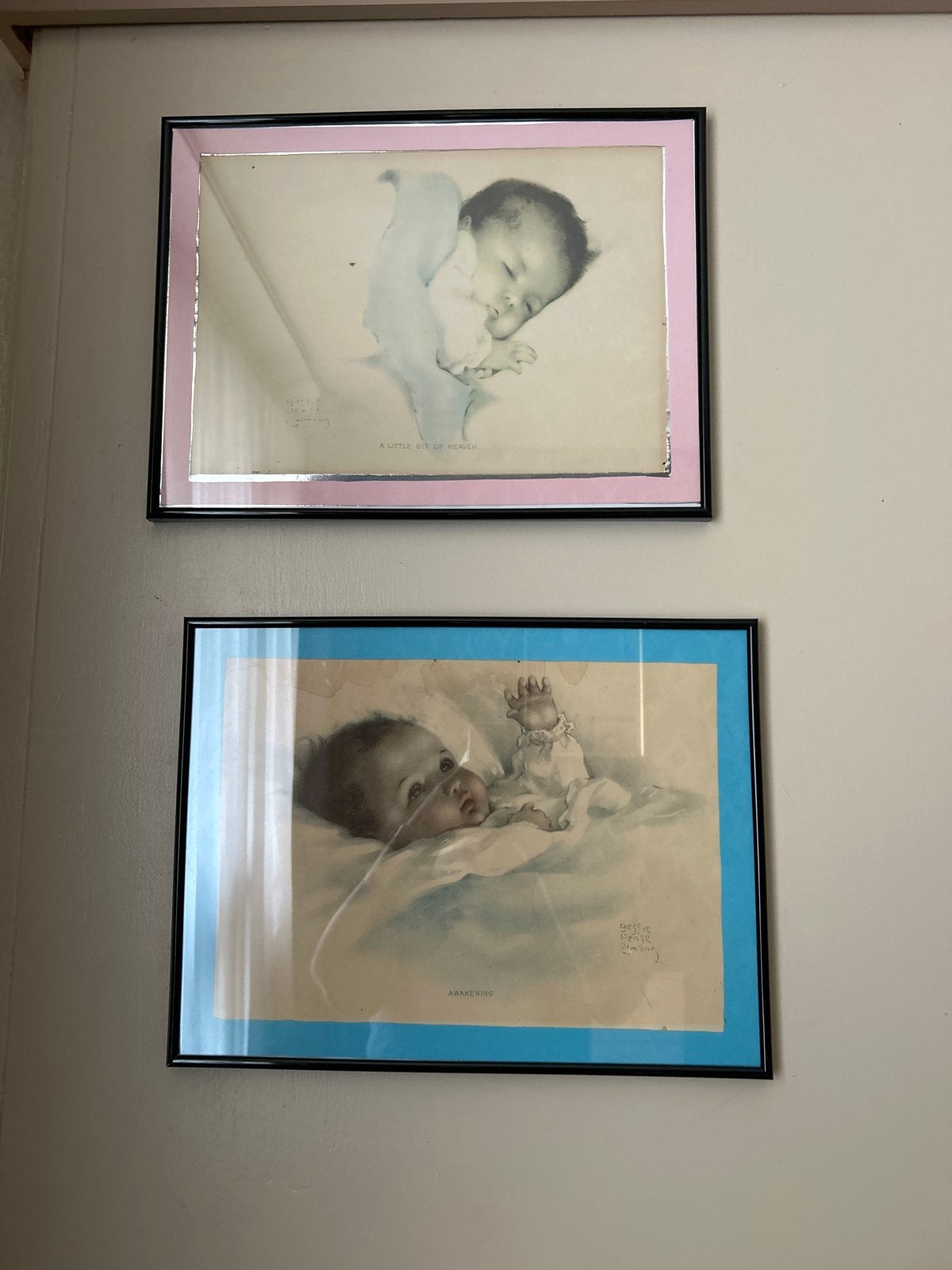 Vintage baby prints in lijst - 'A Little Bit of Heaven', Ophalen, Minder dan 50 cm, Gebruikt, Print