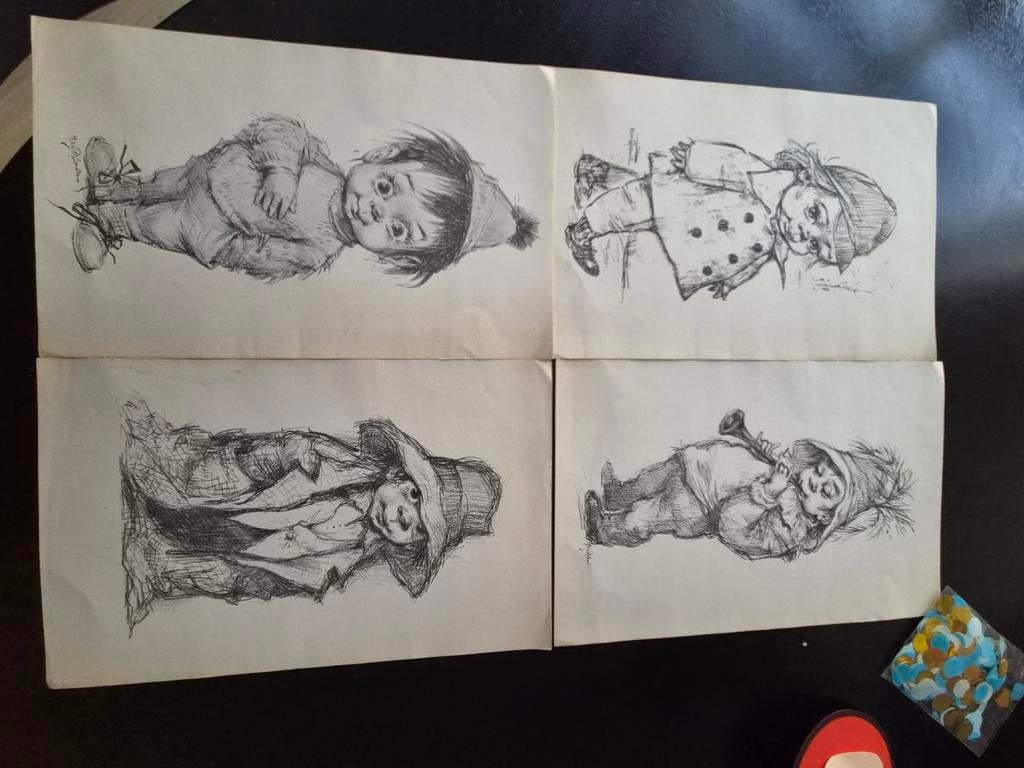 Set van 4 gesigneerde kunsttekeningen (H. van Rosmalen) – de, Ophalen of Verzenden