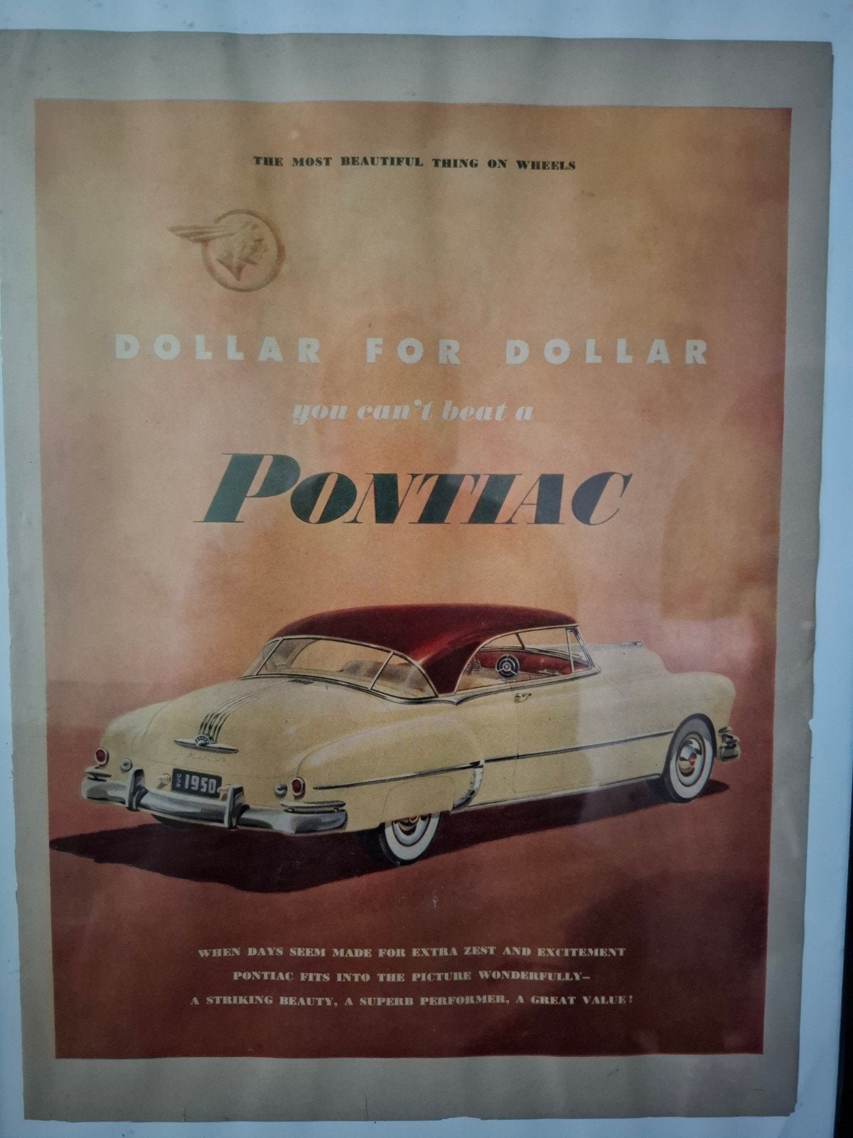 Vintage Pontiac advertentie uit 1950, Met lijst, A4 of kleiner, Ophalen of Verzenden, Reclame