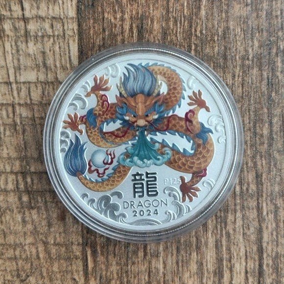 Zilveren munt 1 Oz zilver - Dragon 2024 (gekleurd), Ophalen of Verzenden, Losse munt, Zilver