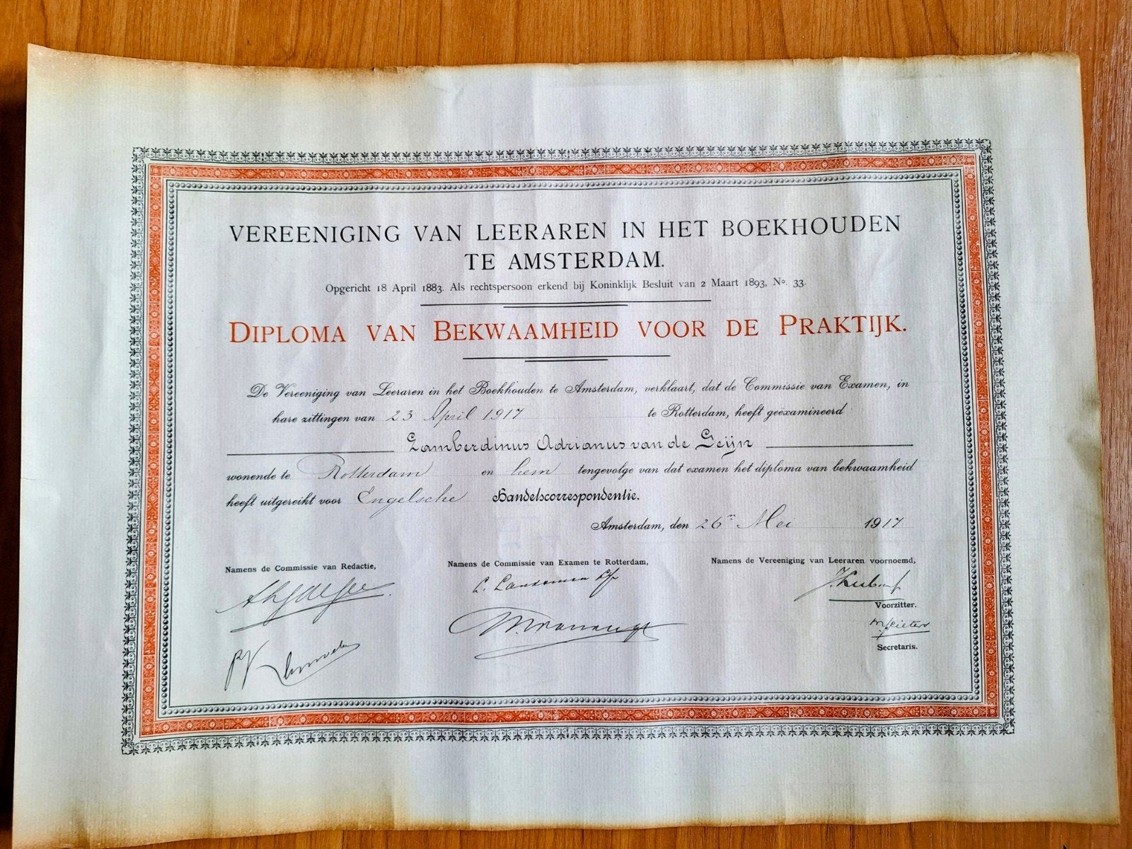 Oud Diploma Bekwaamheid Boekhouden 1917, Ophalen of Verzenden