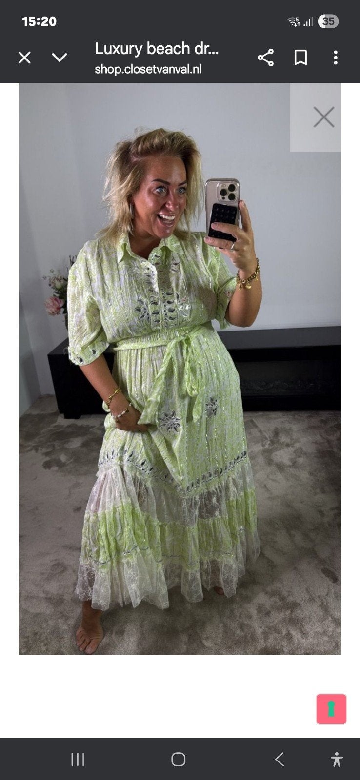 Ibiza Maxi Jurk Lime met Zilveren Spiegeltjes - Maat L, Ophalen of Verzenden