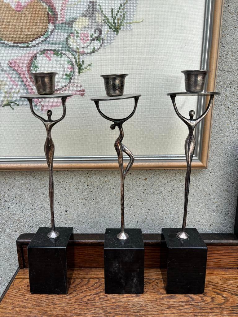 Set van 3 Art Deco stijl kandelaars - Vrouwenfiguren, Ophalen of Verzenden, Zo goed als nieuw, Metaal