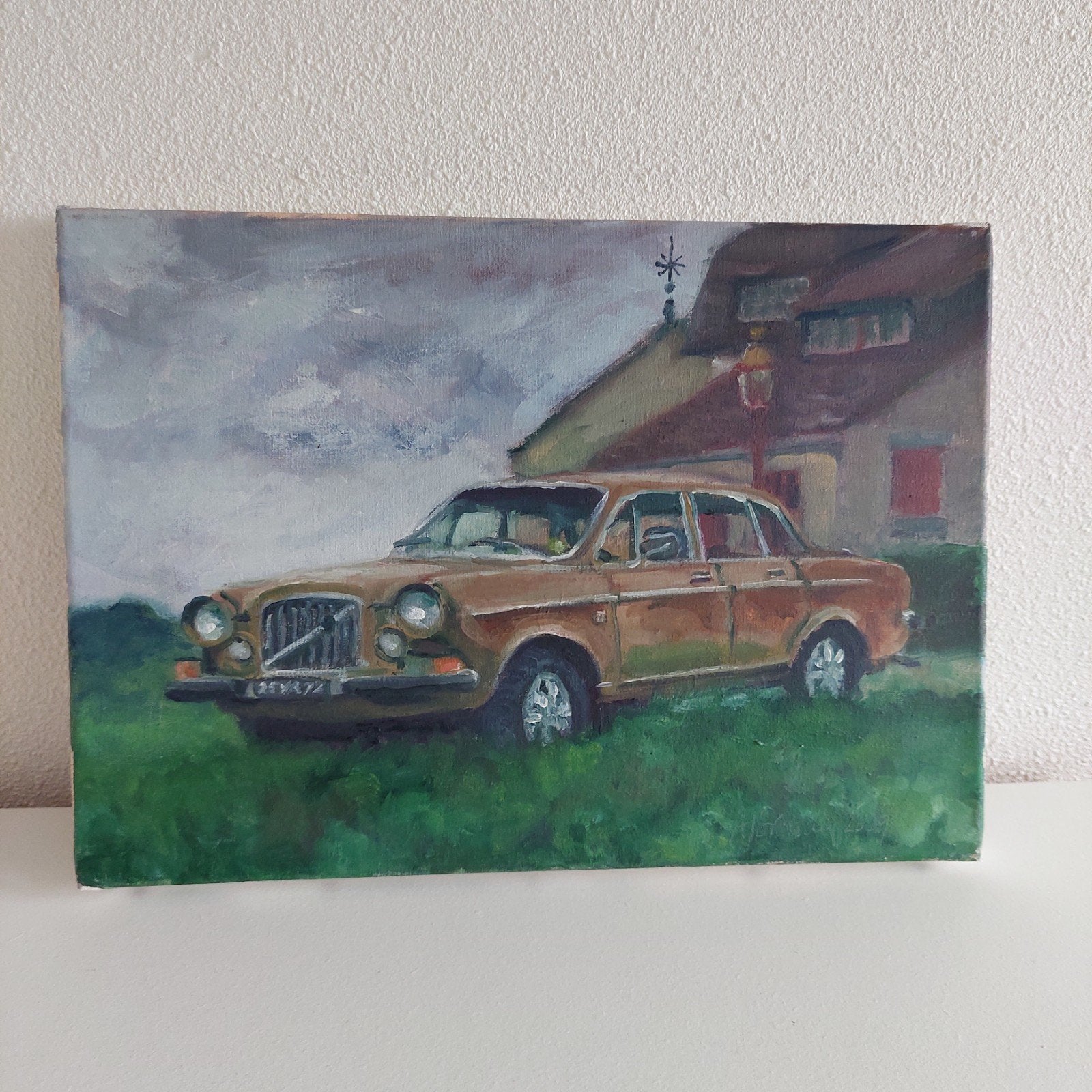 Olieverfschilderij van Justine Albronda - Volvo, Antiek en Kunst, Doek, Realistisch, Ophalen of Verzenden, Olieverf