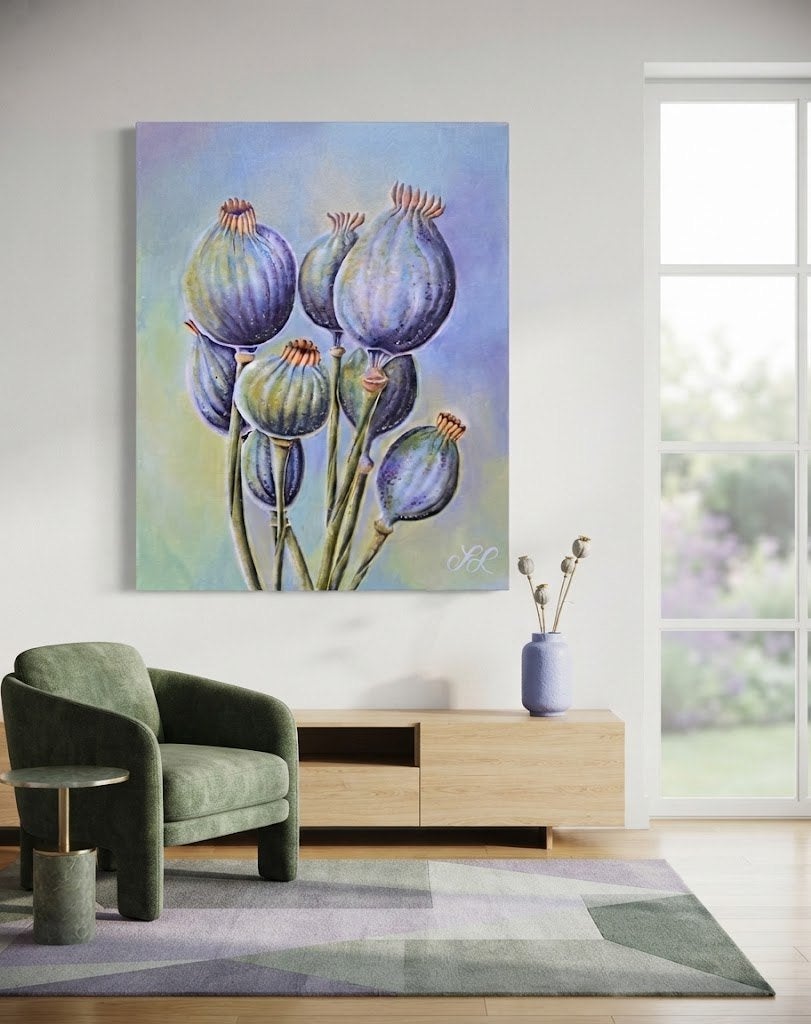 Hand-Painted Original Poppy Seed Pods Painting. (40x50 cm), Bloemen, Acrylverf, Surrealisme, Gesigneerd