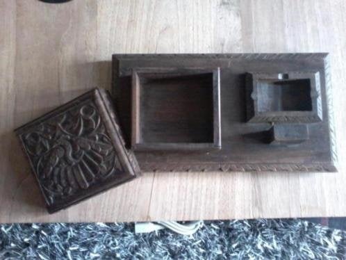 Antieke houten bureau organizer sculptuur met pauw en asbak, Overige onderwerpen, Houtsnijwerk, Art nouveau, Ophalen of Verzenden