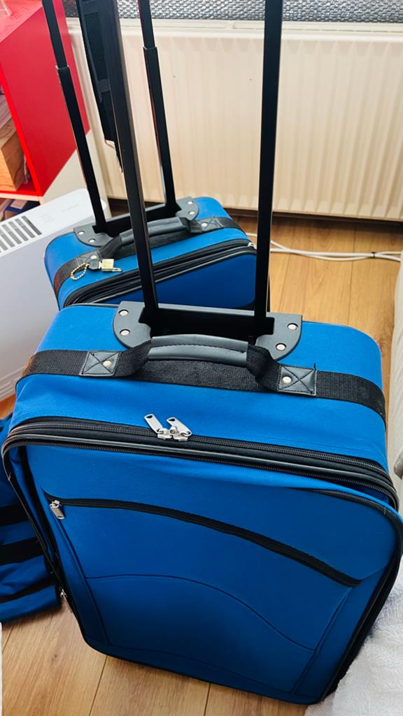 Blauwe koffer en draagtas set - 58x38x20 cm, Sieraden, Tassen en Uiterlijk, Koffers, Ophalen, Gebruikt, 50 tot 60 cm, Slot