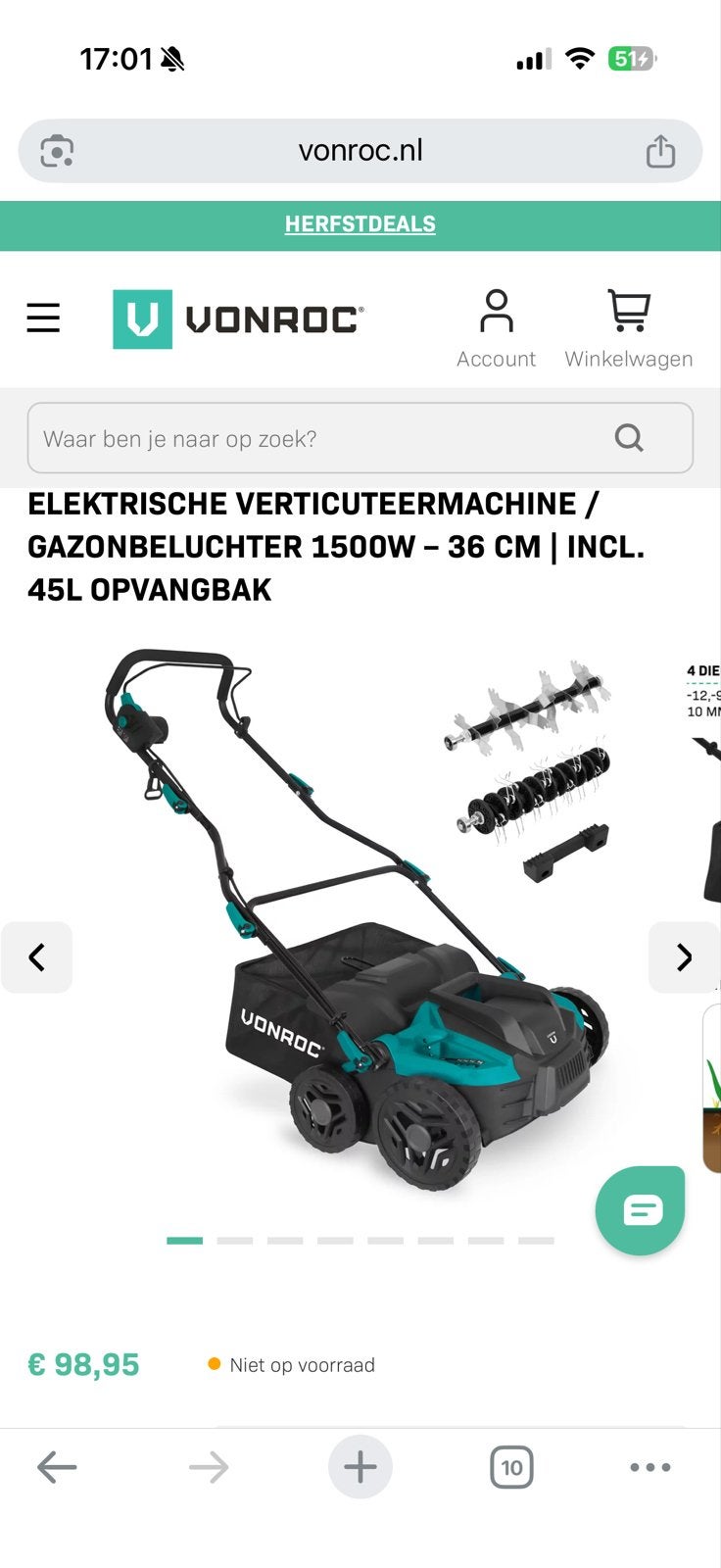 VONROC Elektrische Verticuteermachine/Gazonbeluchter 1500W, Ophalen, Zo goed als nieuw, Elektrisch