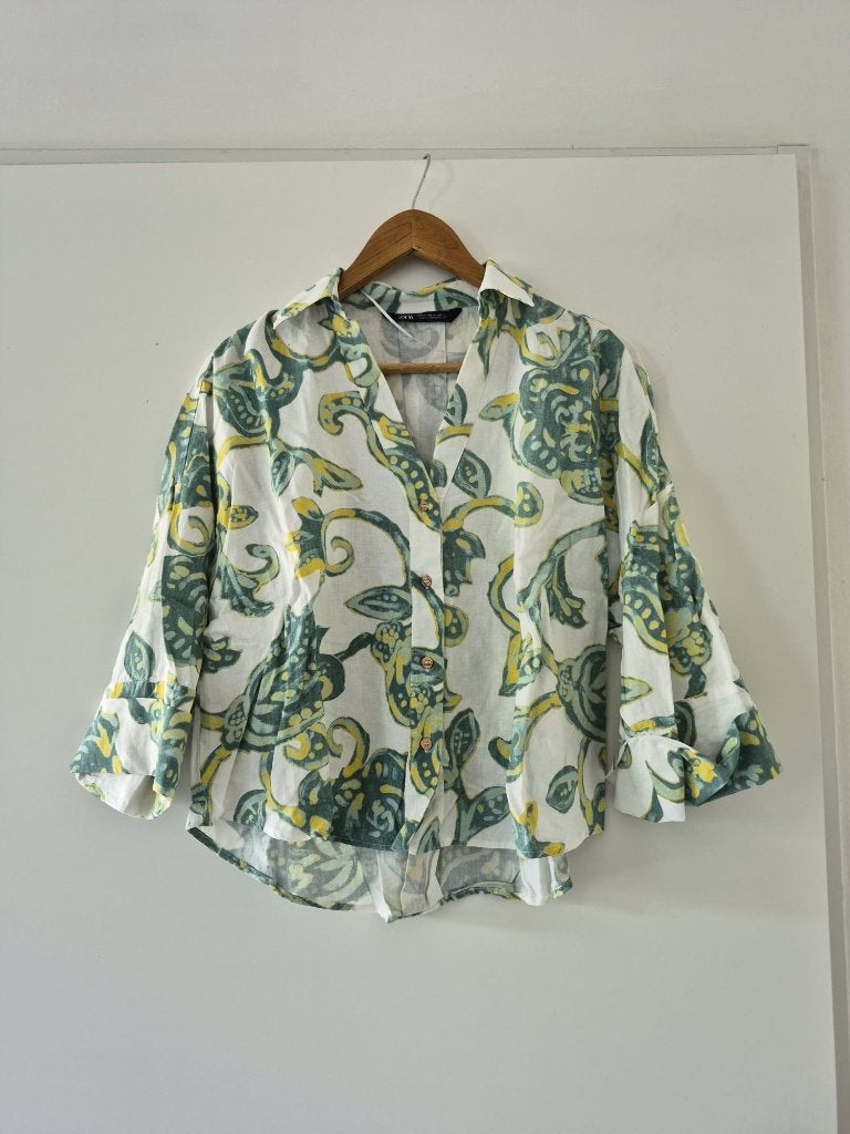 Blouse Zara maat XS dames Linnen - wit / groen, Zara, Ophalen of Verzenden, Zo goed als nieuw, Maat 34 (XS) of kleiner