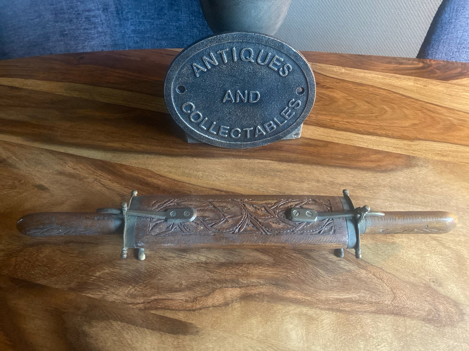 Antiek vleesmes en vork set in houten houder - India, Antiek en Kunst, Antiek | Bestek, Ophalen of Verzenden