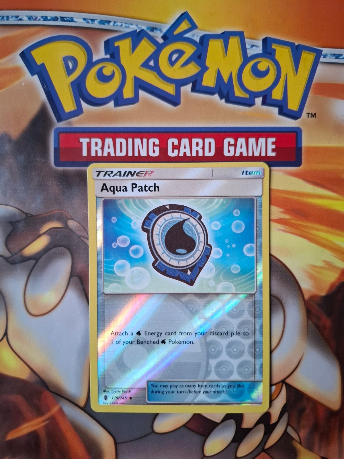 Aqua Patch 119/145 Sun&Moon Guardians Rising reverse holo, Ophalen of Verzenden, Gebruikt, Losse kaart, Foil