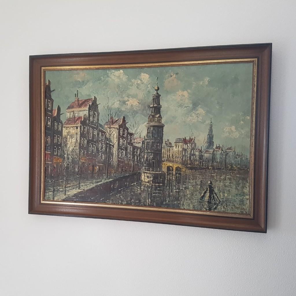Olieverfschilderij, stadsgezicht, lijst 100 x 70 cm, Antiek en Kunst, Ophalen