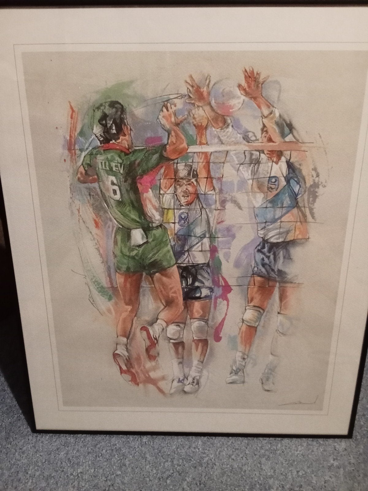 Dynamisch Volleybal Schilderij - Gesigneerd, Ophalen, Achter glas, Portret of Personen