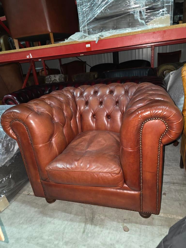 Chesterfield Bendic club fauteuil cognac leer + BEZORGD, Ophalen of Verzenden