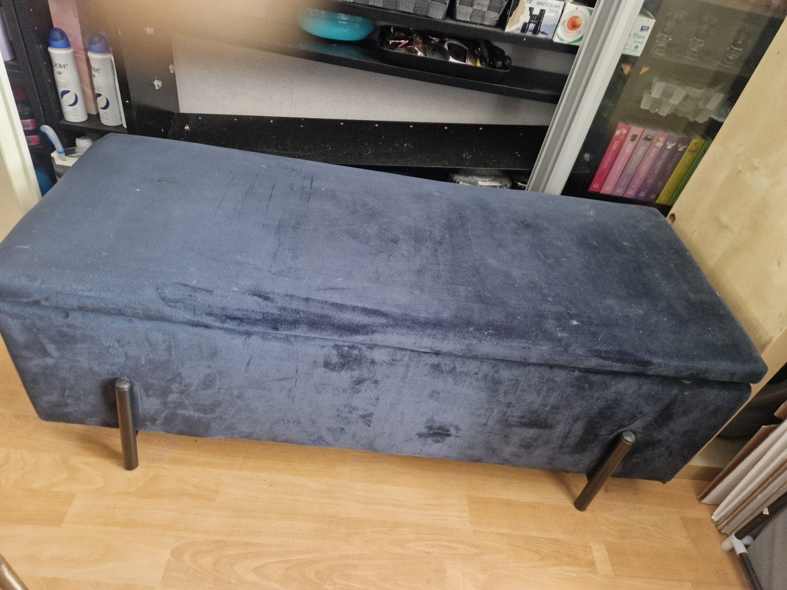 2 stuks opberg poef / bankjes blauw velours, Ophalen, Rond, Minder dan 50 cm, Minder dan 50 cm