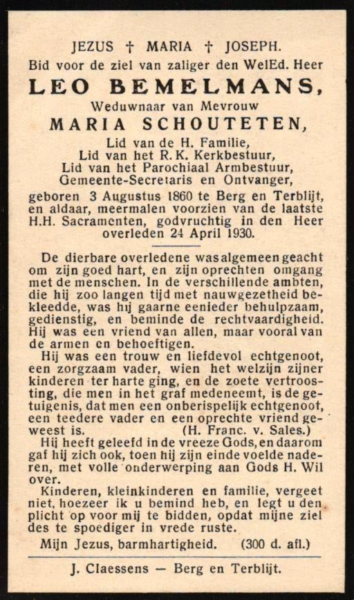 Bemelmans Leo 1860-1930 Berg en Terblijt, Verzamelen, Ophalen of Verzenden