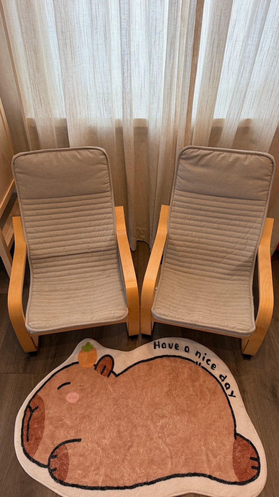 2x IKEA POÄNG fauteuil / kinderstoel met grijze kussens, Ophalen, Zo goed als nieuw, Meegroeistoel