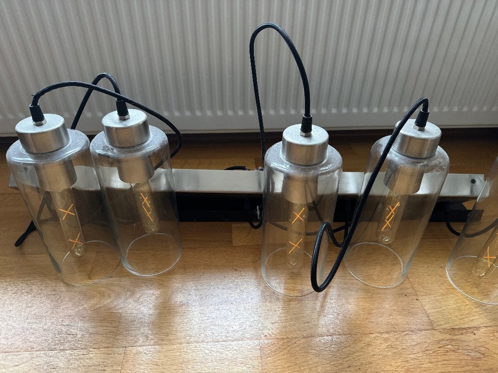Eettafellamp (5 lampenkappen), Ophalen, Zo goed als nieuw, Glas, Overige fittingen