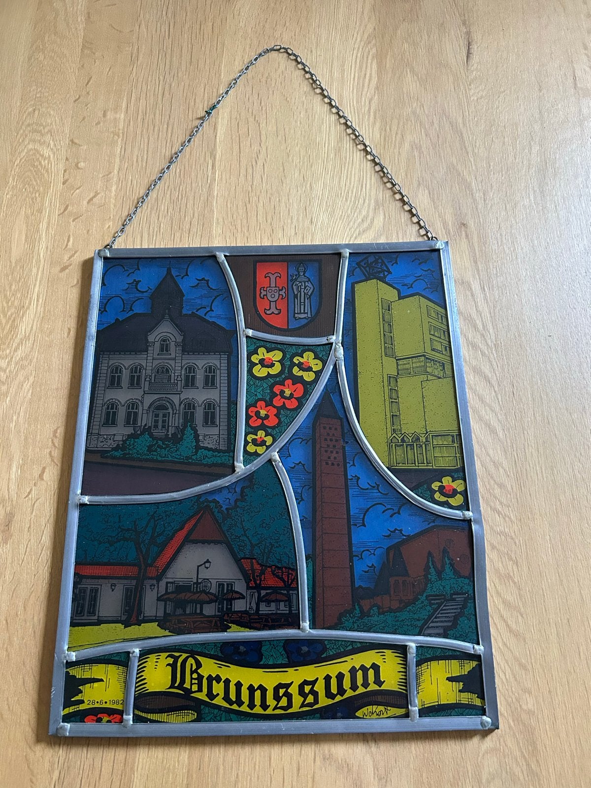 Vintage glas-in-lood raamhanger Brunssum 1982, Ophalen