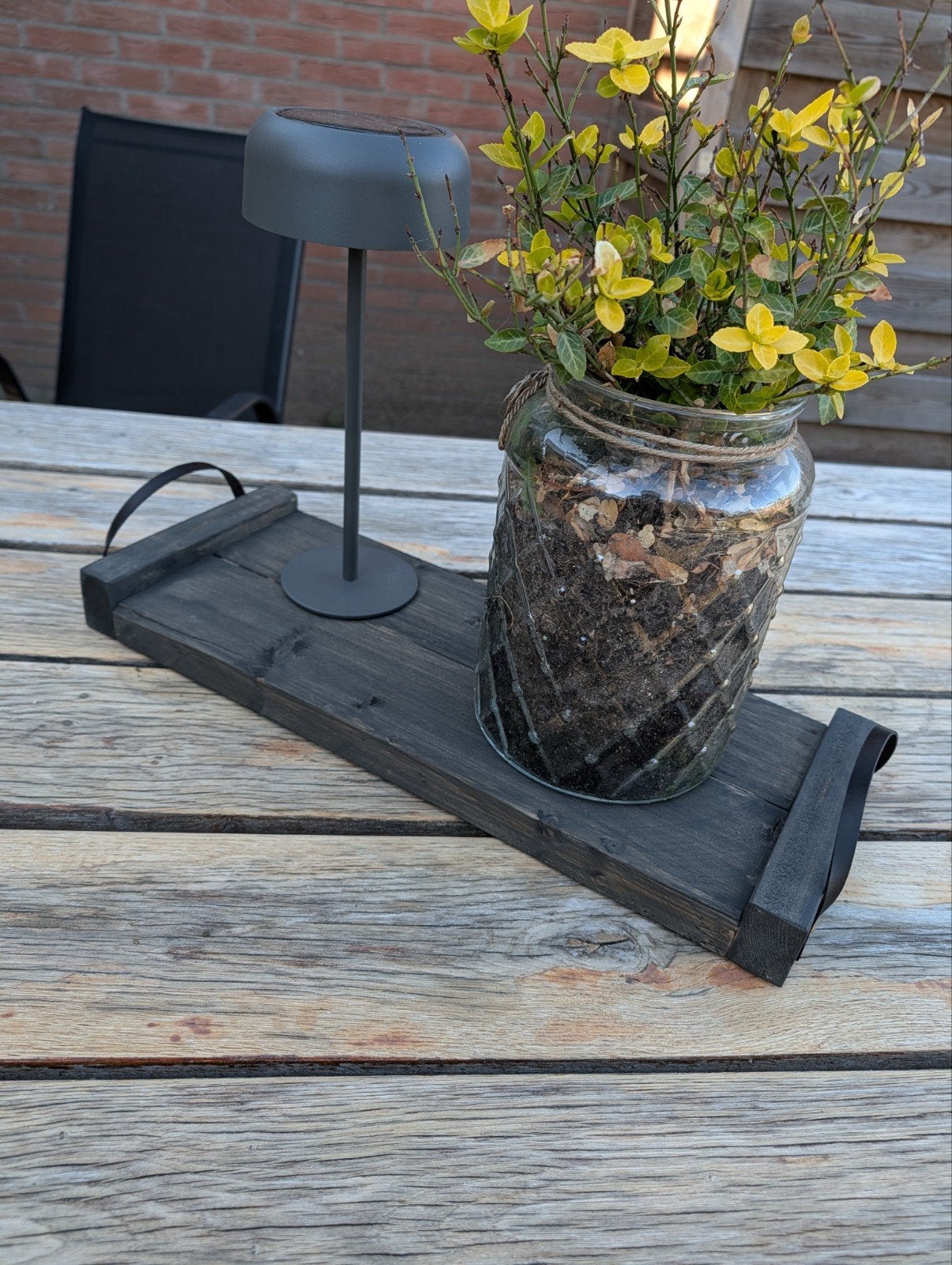 Decoratieve houten dienblad met leren handvatten, Hout, Nieuw, Ophalen of Verzenden, Modern