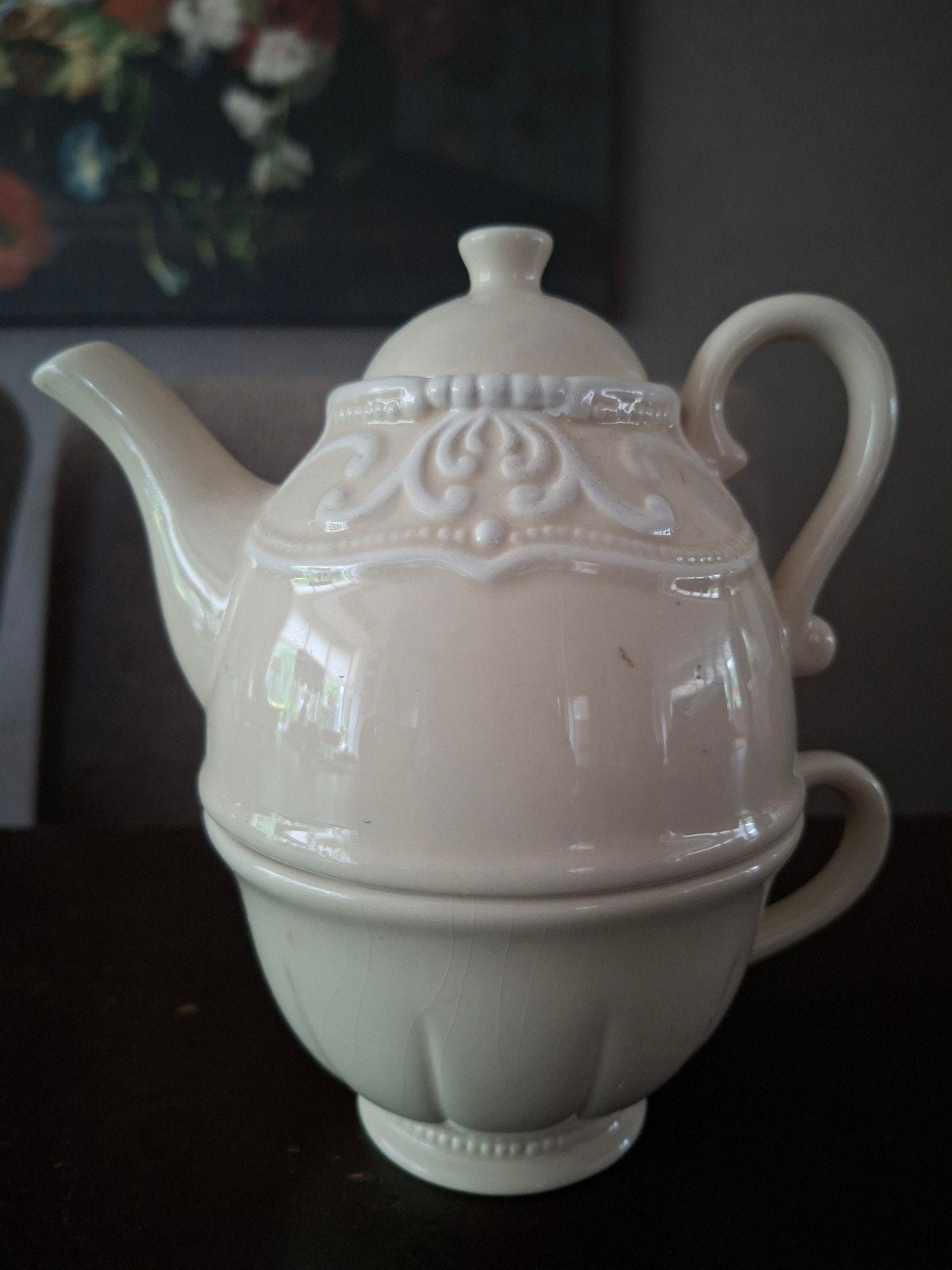Countryfield theepot met kopje - Crème/wit, Overige merken, Overige typen, Ophalen of Verzenden, Zo goed als nieuw