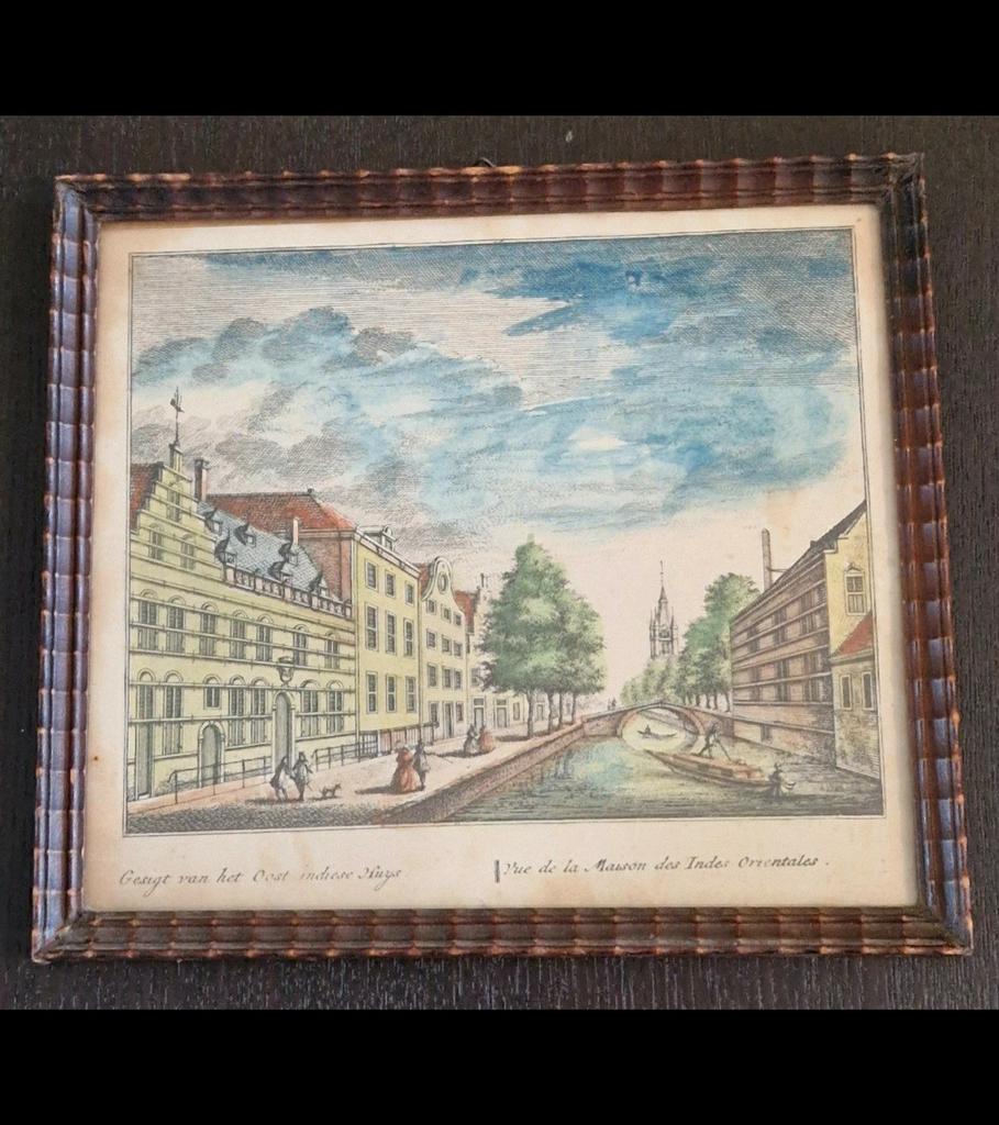 Antieke ingekleurde gravure Oost Indisch huis Amsterdam, Ophalen of Verzenden
