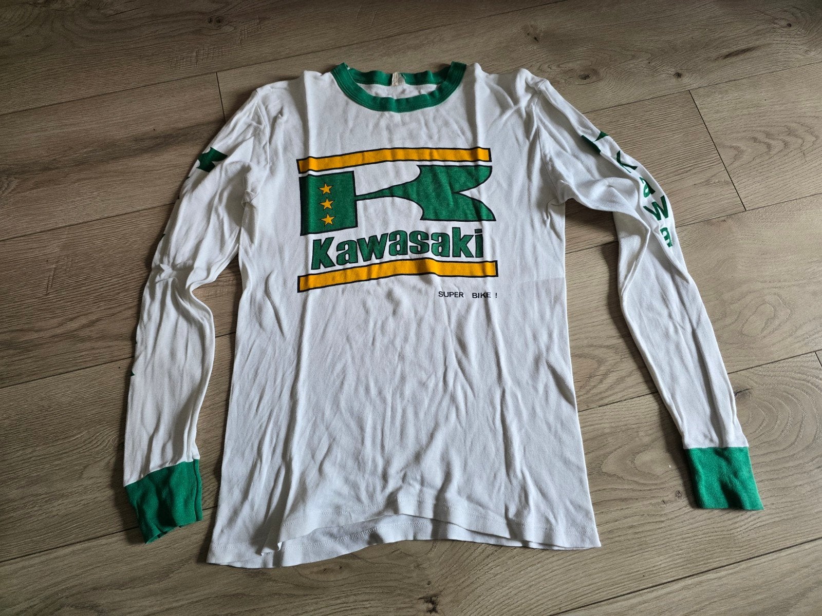 True Vintage 70s/80s Kawasaki "Super Bike" Longsleeve Shirt, Maat 48/50 (M), Wit, Gedragen, Kawasaki