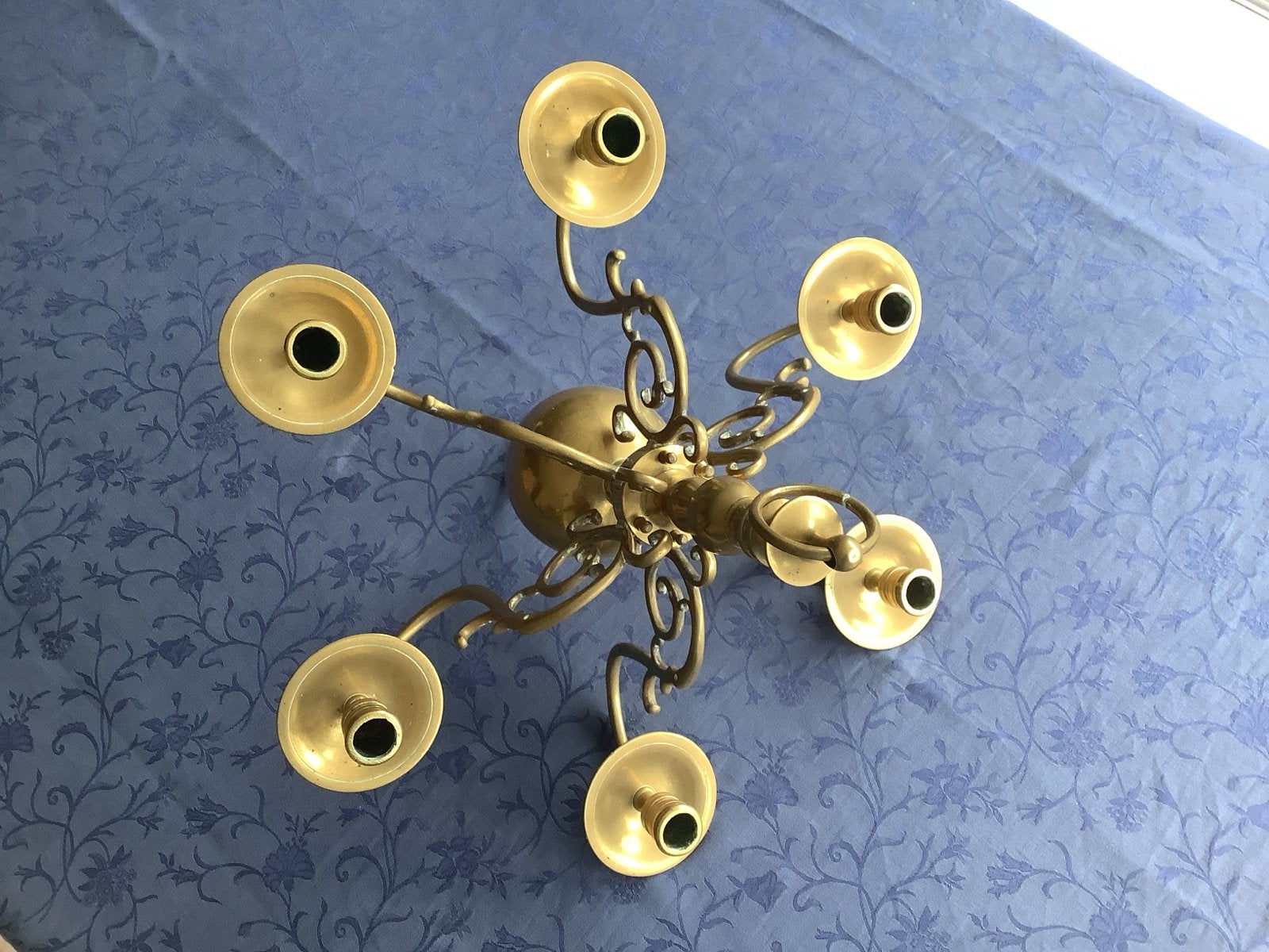Antieke Messing Kroonluchter met 6 Armen, Ophalen of Verzenden, Koper of Brons