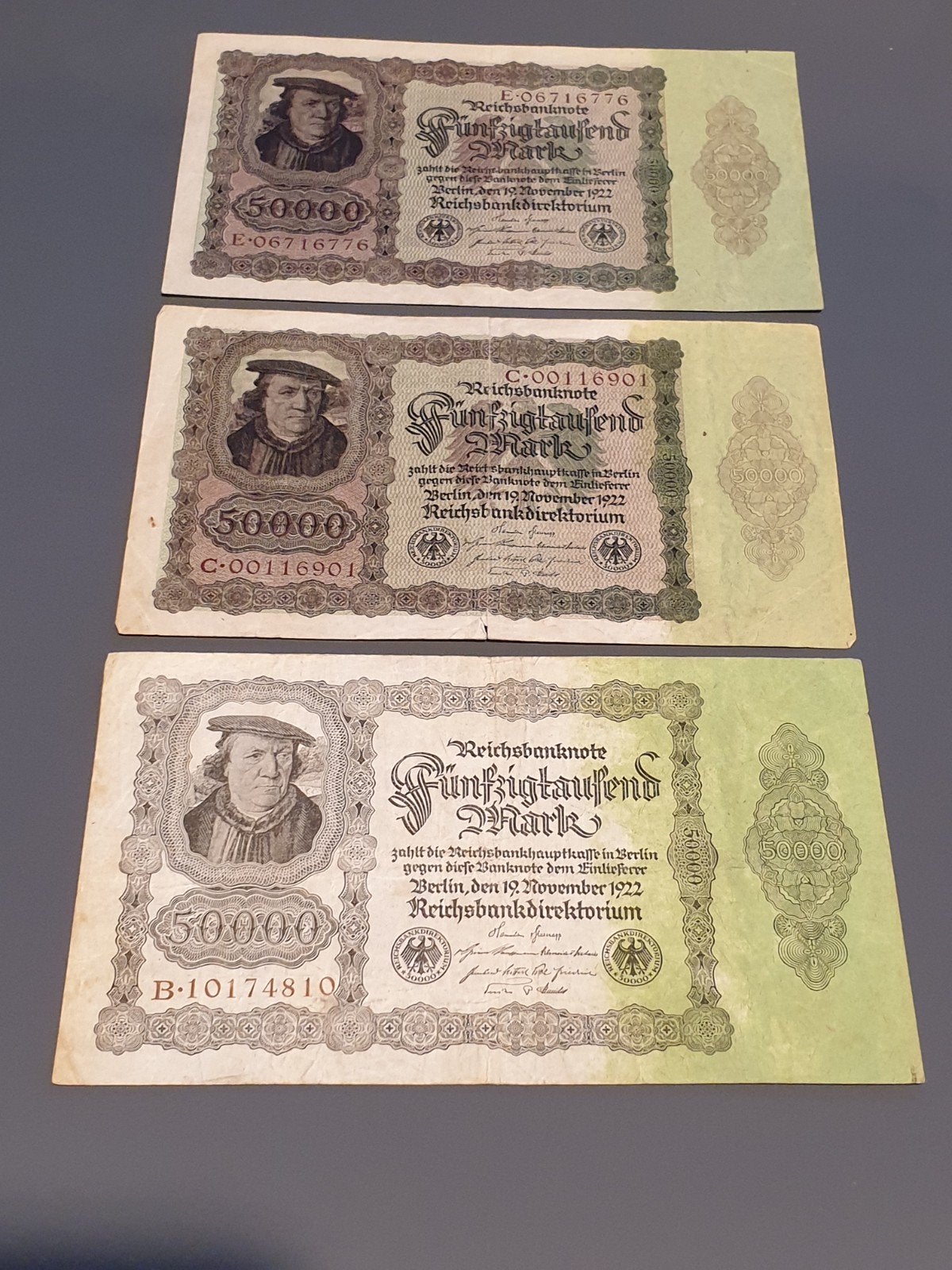 Duitsland, 3x 50.000 mark 19.11.1922 (B2), Postzegels en Munten, Ophalen of Verzenden, Duitsland
