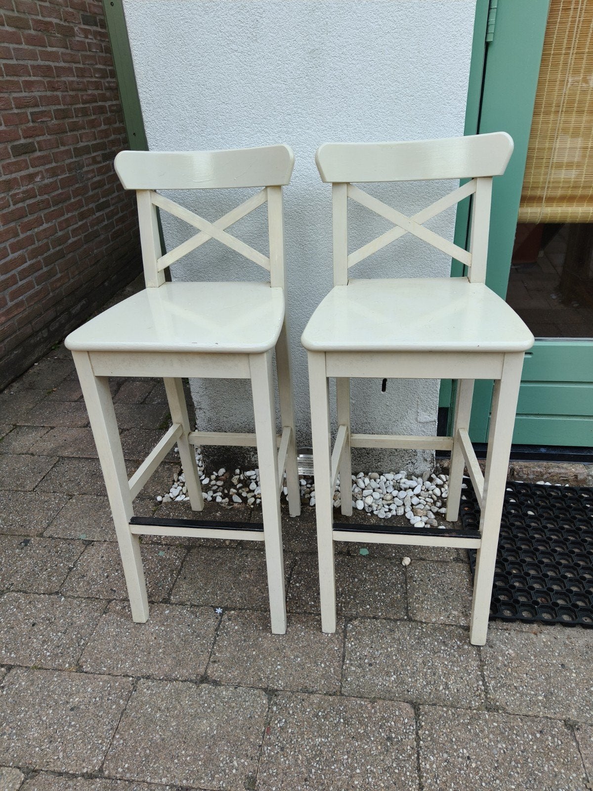 Set van 2 balkonbar krukken - 123cm hoog, Ophalen, Gebruikt, Met voetsteun, 90 cm of meer