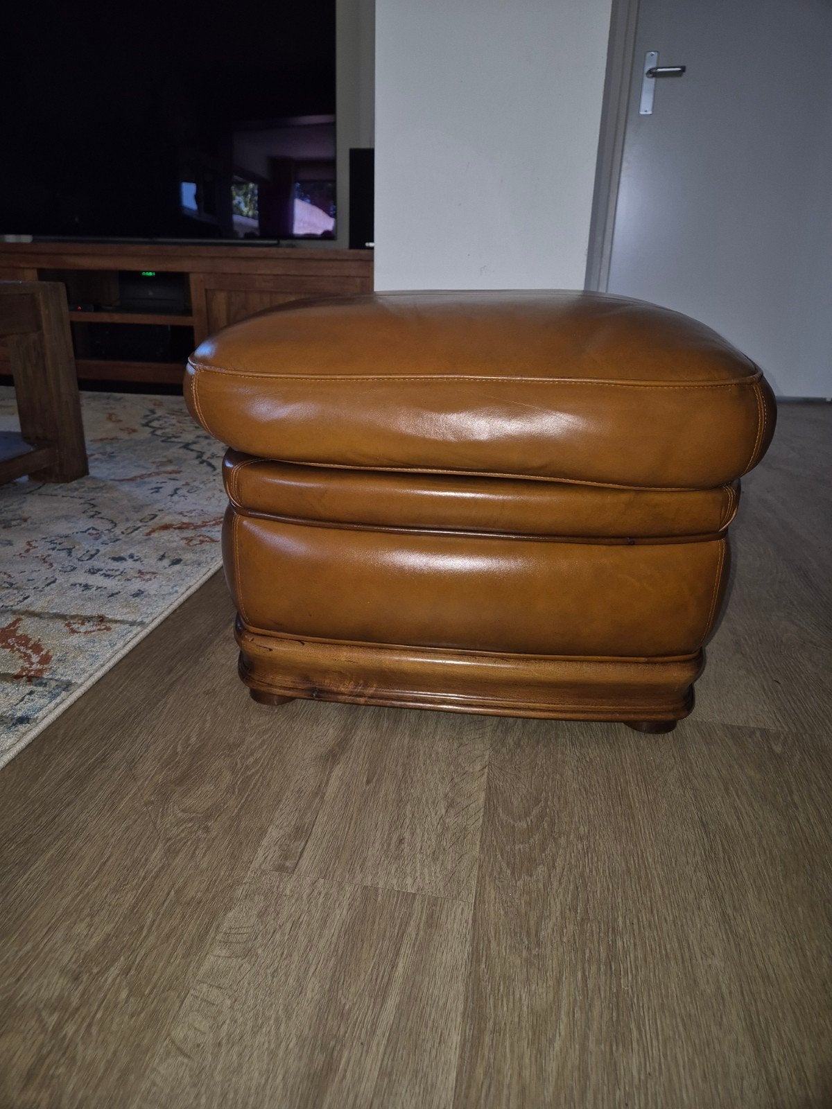 Vintage Leren poef / hocker - Cognac bruin, Huis en Inrichting, Ophalen, Minder dan 50 cm, Gebruikt, Vierkant