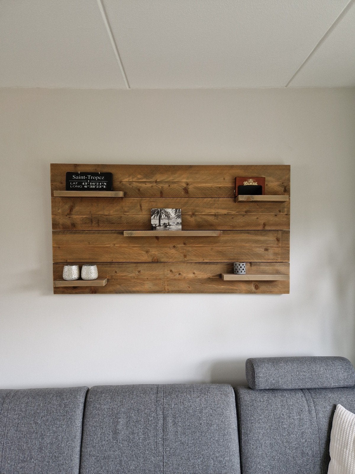 Wandbord van steigerhout met planken 82x150cm, Ophalen, Gebruikt, Hout, Bruin
