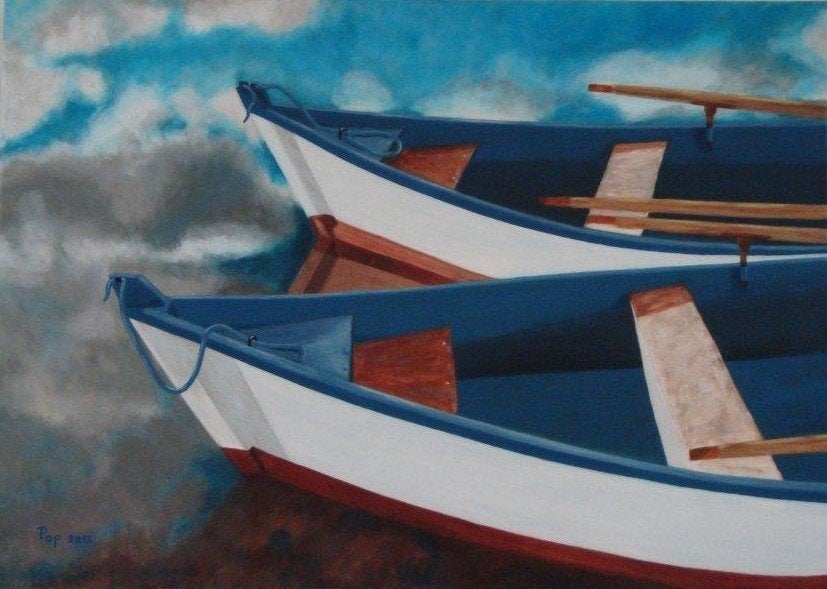 Roeiboten op doek, Schilderij Roeiboten, Roeiboot eigen werk, Ophalen of Verzenden, Gesigneerd, Acrylverf, Overig onderwerp